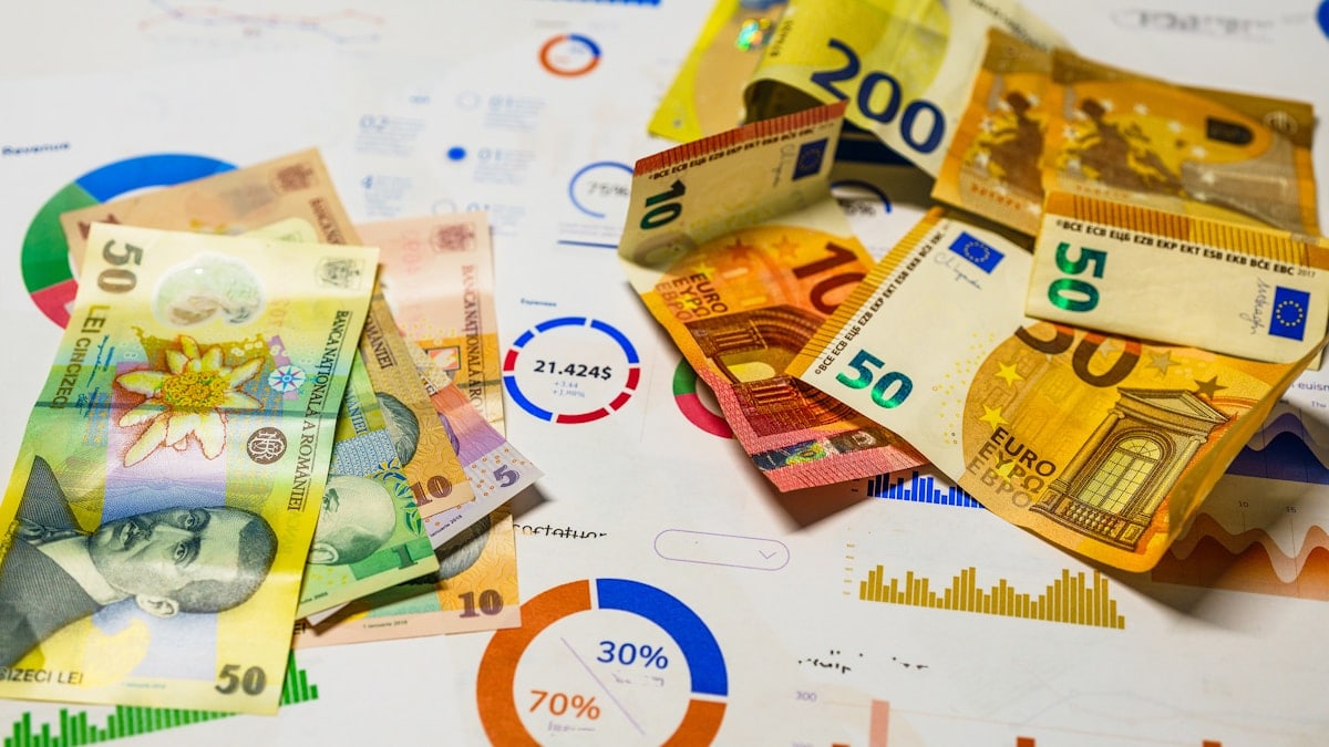 Economy market euro cash exchange Romanian currency lei. Financial charts business analytics.